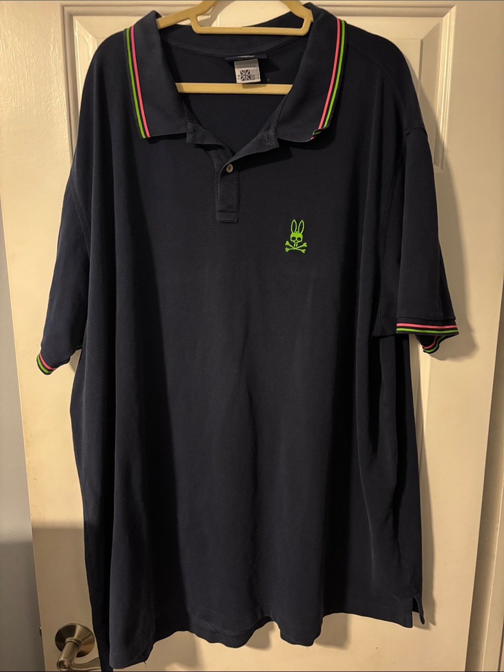 Psycho Bunny Men’s Navy Polo with Neon Green & Pink Trim Size 4XLT Big & Tall